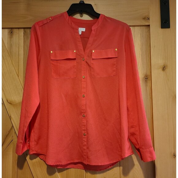 Charter Club Womens Size L Petite Pink Button Blouse Roll Tab Gold Button - Picture 1 of 13